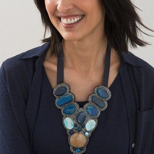 NWOT Chico' s Blue Agate Bib Statement Necklace with Ribbon Tie OS